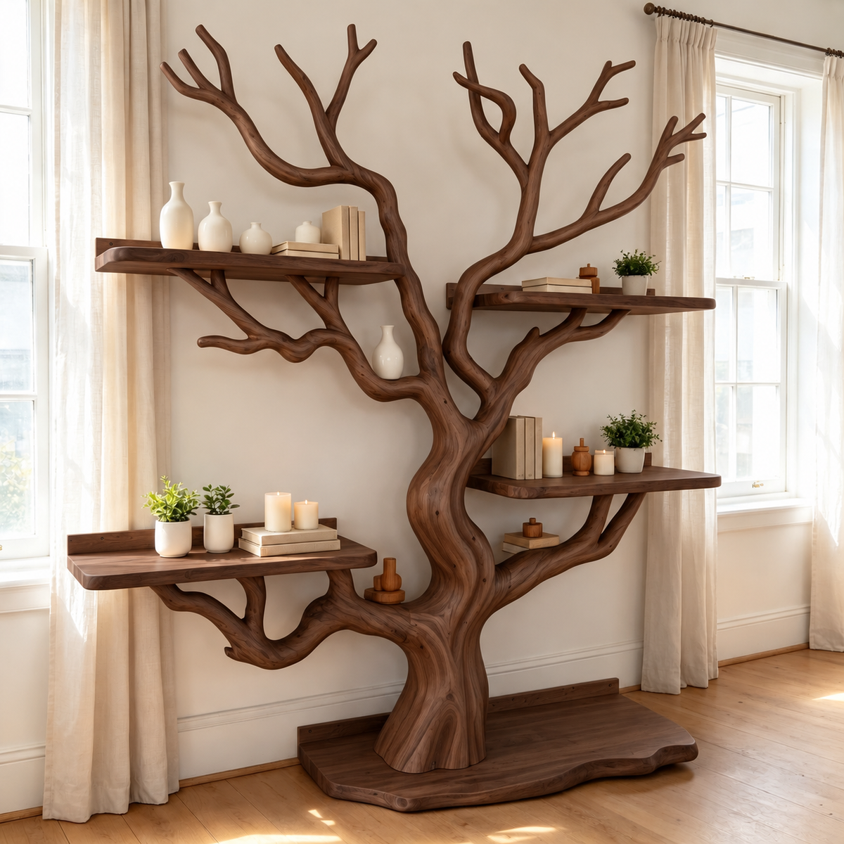 Handcrafted Solid Wood Tree Bookshelf Freestanding Branch Display Shelf