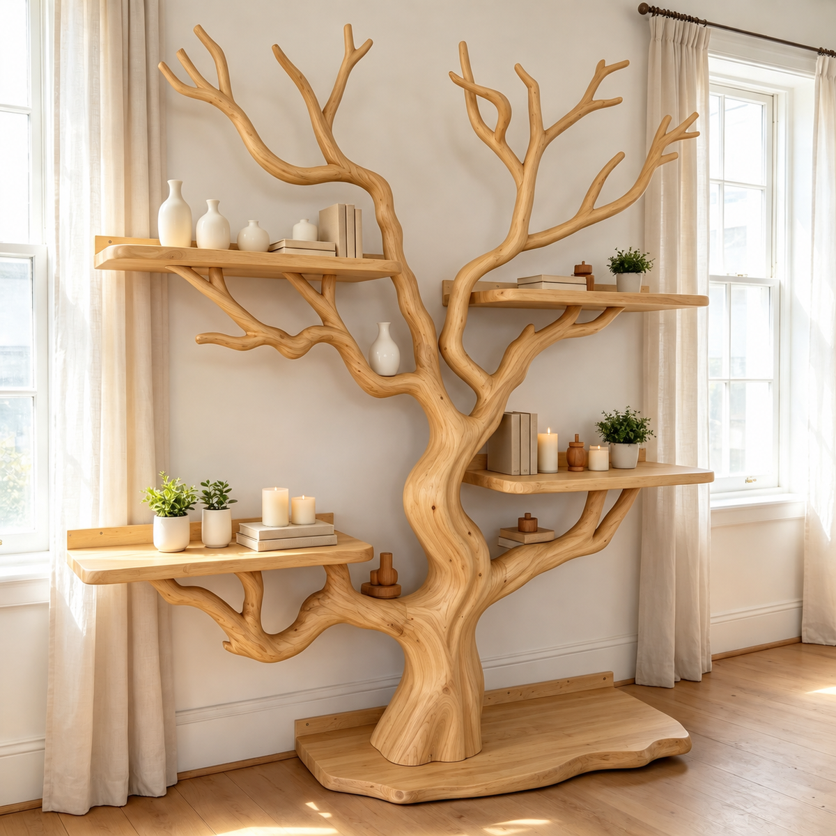 Handcrafted Solid Wood Tree Bookshelf Freestanding Branch Display Shelf