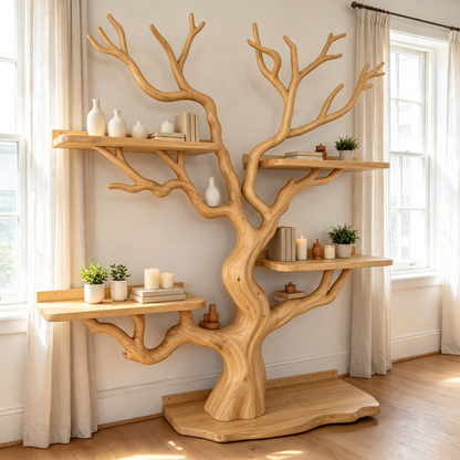 Handcrafted Solid Wood Tree Bookshelf Freestanding Branch Display Shelf
