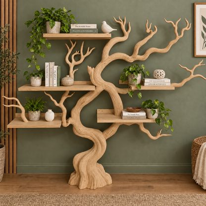 Handcrafted Solid Wood Tree Bookshelf Natural Branch Display Shelf