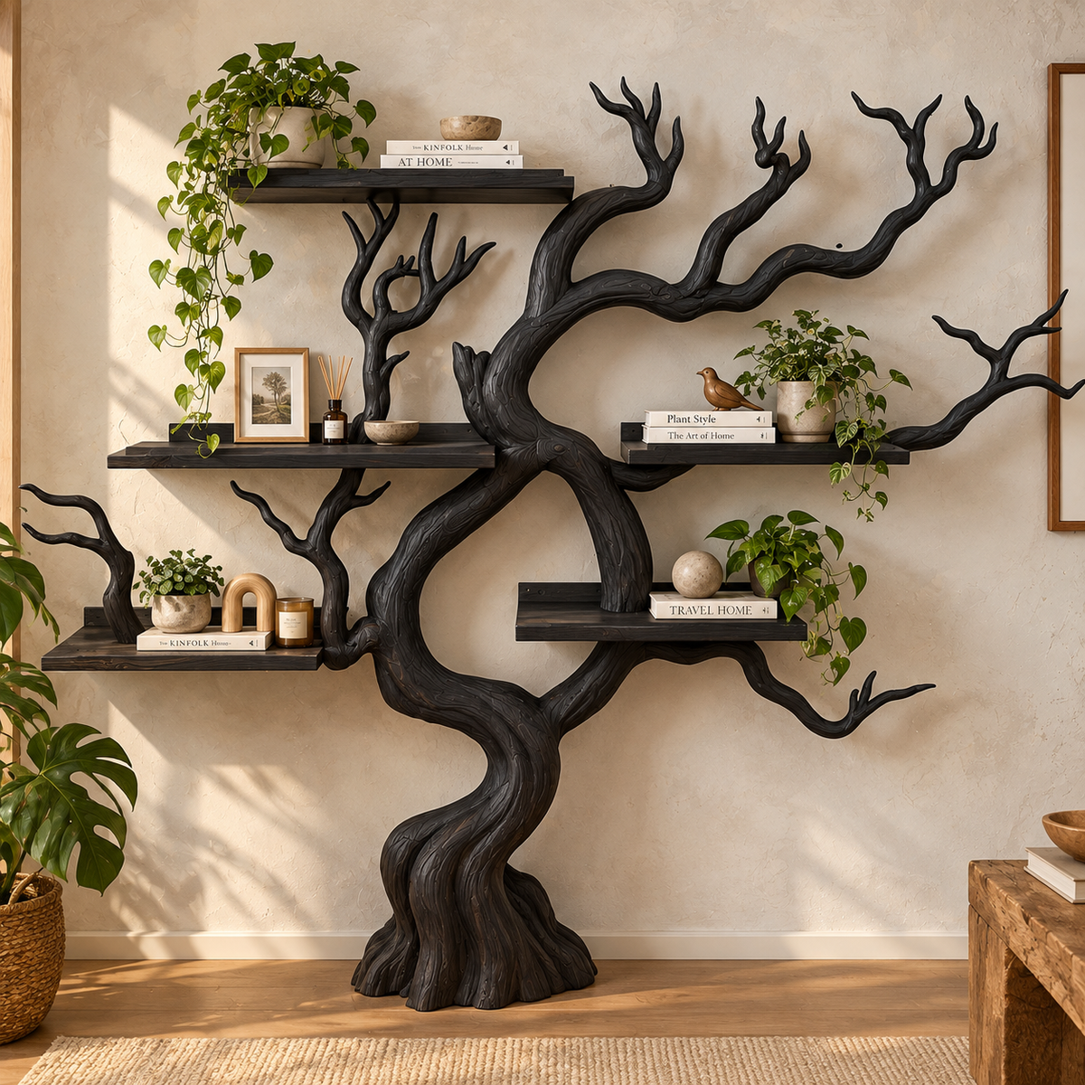 Handcrafted Solid Wood Tree Bookshelf Natural Branch Display Shelf