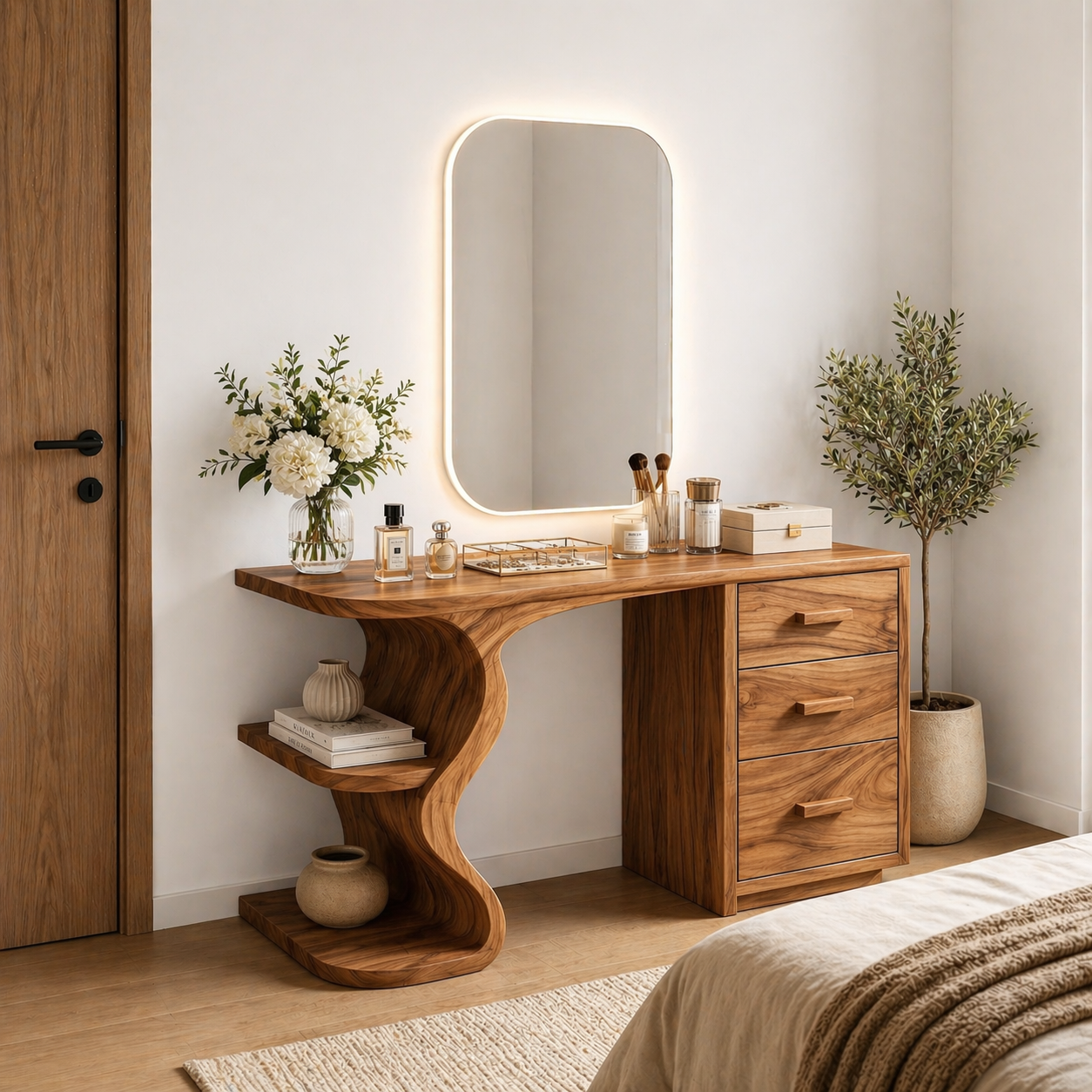 Solid Wood Makeup Vanity Desk with Sculptural Curved Base and 3 Drawers