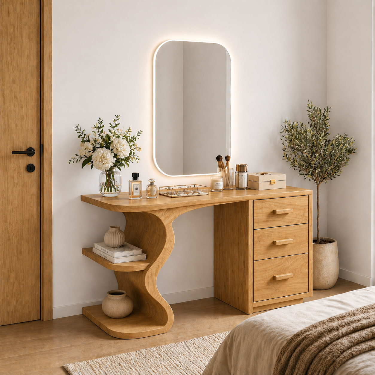 Solid Wood Makeup Vanity Desk with Sculptural Curved Base and 3 Drawers