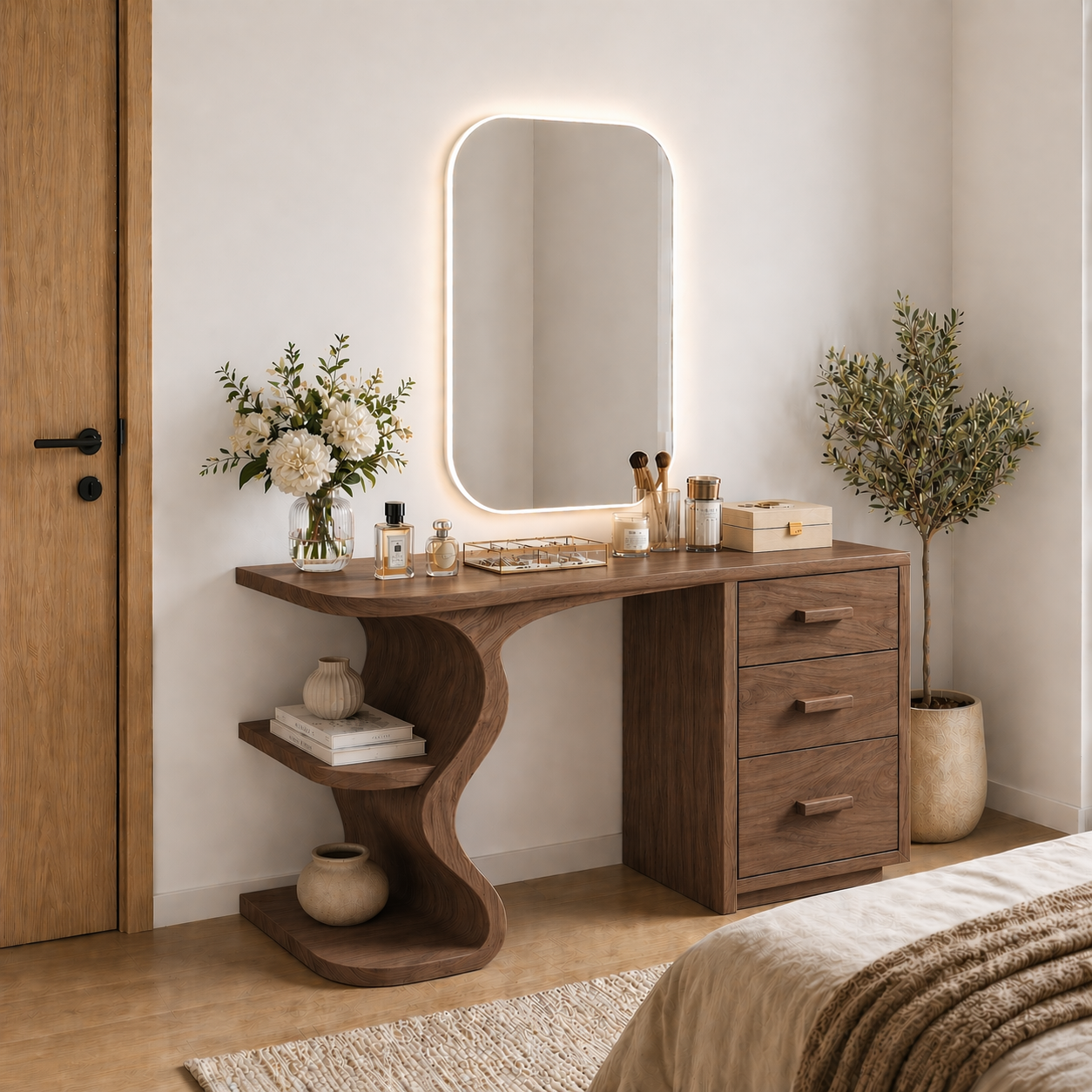 Solid Wood Makeup Vanity Desk with Sculptural Curved Base and 3 Drawers