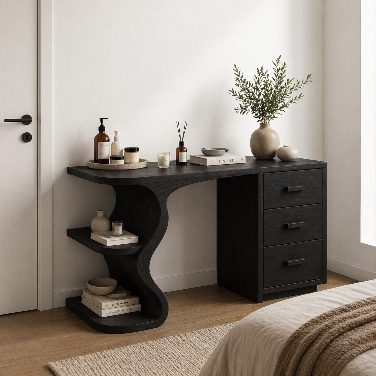 Solid Wood Makeup Vanity Desk with Sculptural Curved Base and 3 Drawers