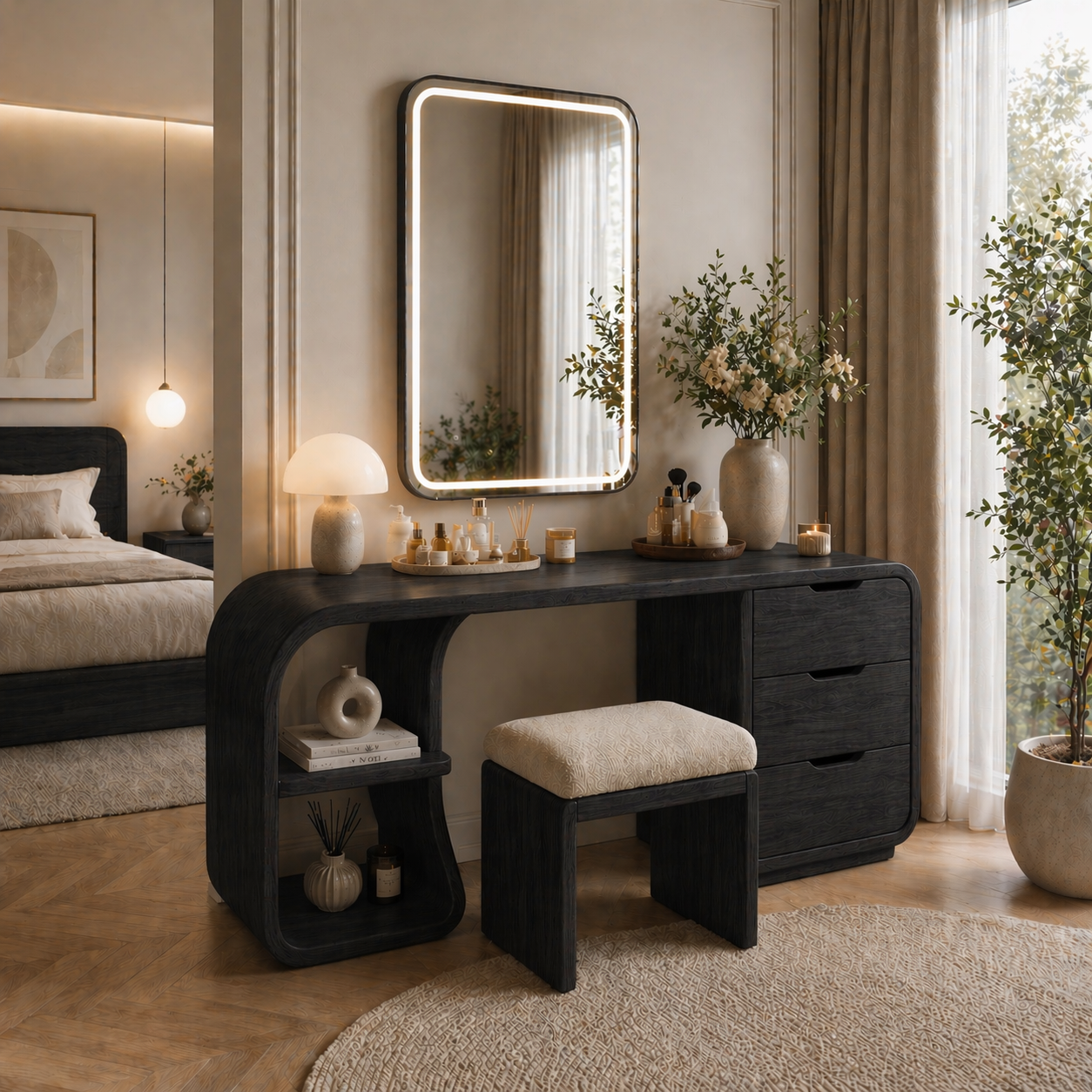Solid Wood Makeup Vanity Desk with Rounded Waterfall Design and Drawers
