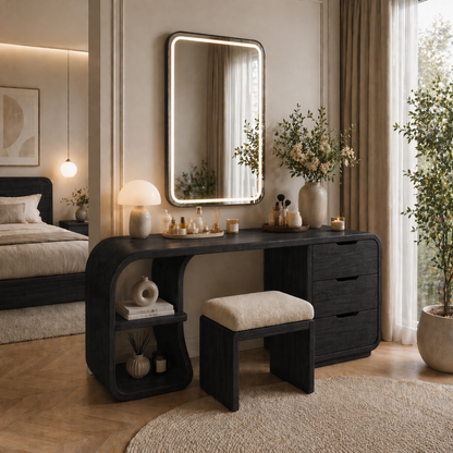 Solid Wood Makeup Vanity Desk with Rounded Waterfall Design and Drawers