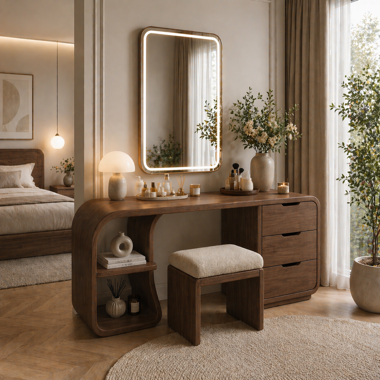 Solid Wood Makeup Vanity Desk with Rounded Waterfall Design and Drawers