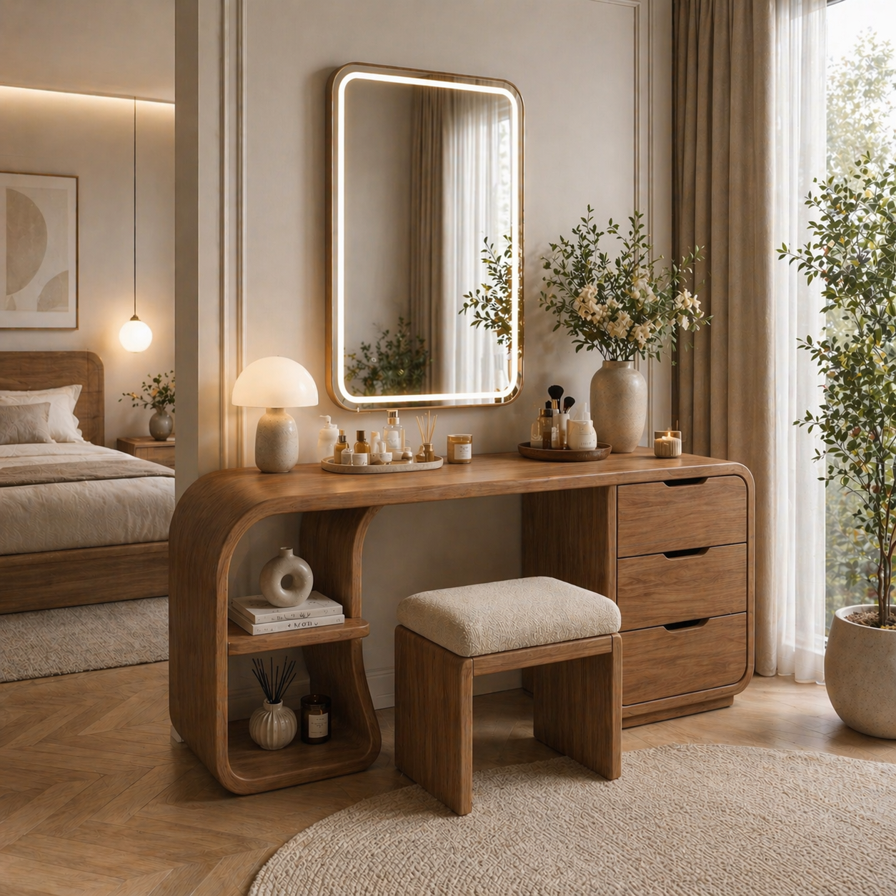 Solid Wood Makeup Vanity Desk with Rounded Waterfall Design and Drawers