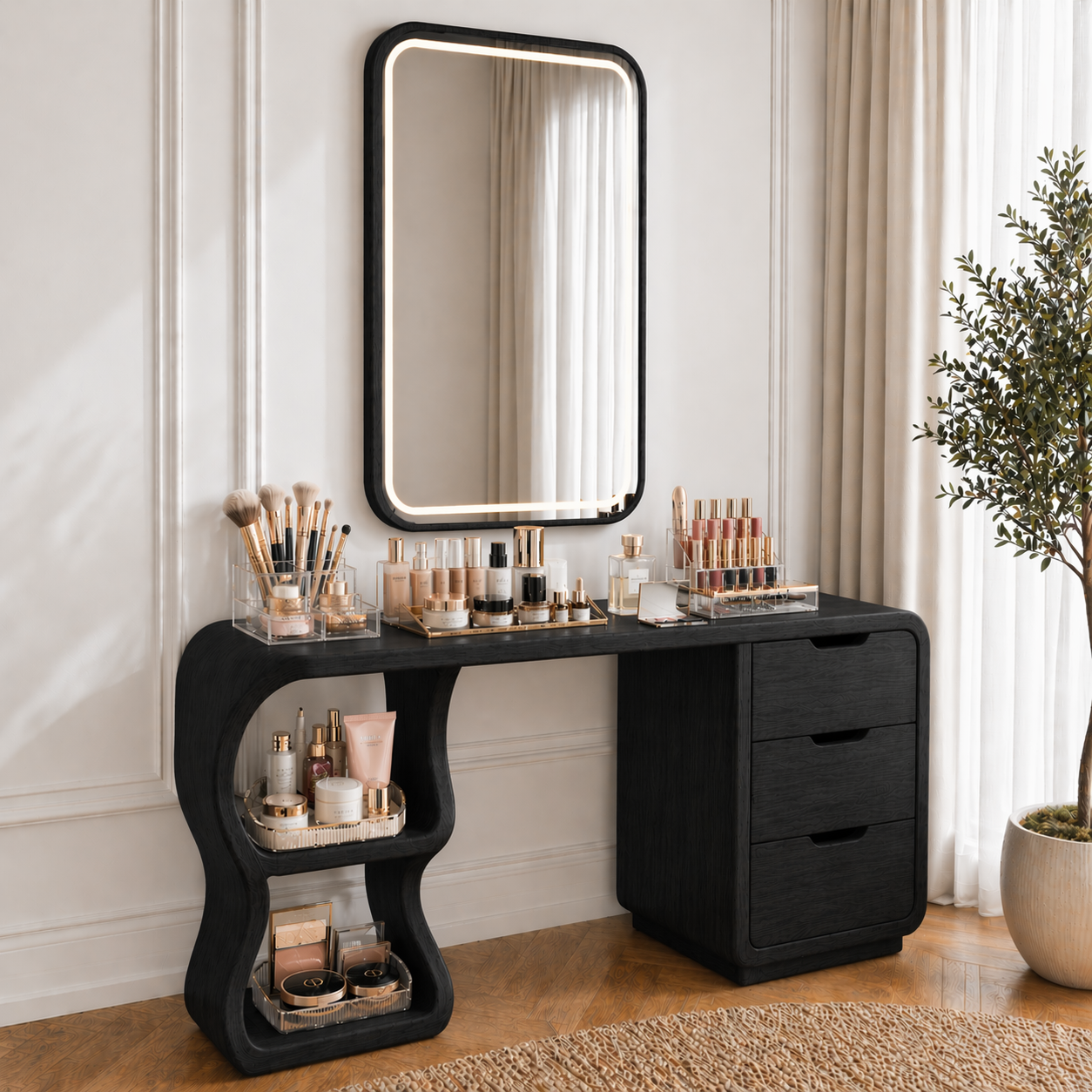 Solid Wood Makeup Vanity Desk with Sculptural Curved Base and 3 Drawers