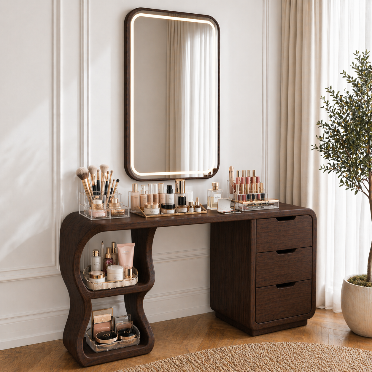 Solid Wood Makeup Vanity Desk with Sculptural Curved Base and 3 Drawers