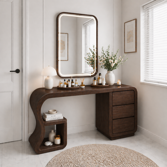 Solid Wood Makeup Vanity Desk with Curved Design and 3 Drawer Storage