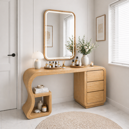 Solid Wood Makeup Vanity Desk with Curved Design and 3 Drawer Storage