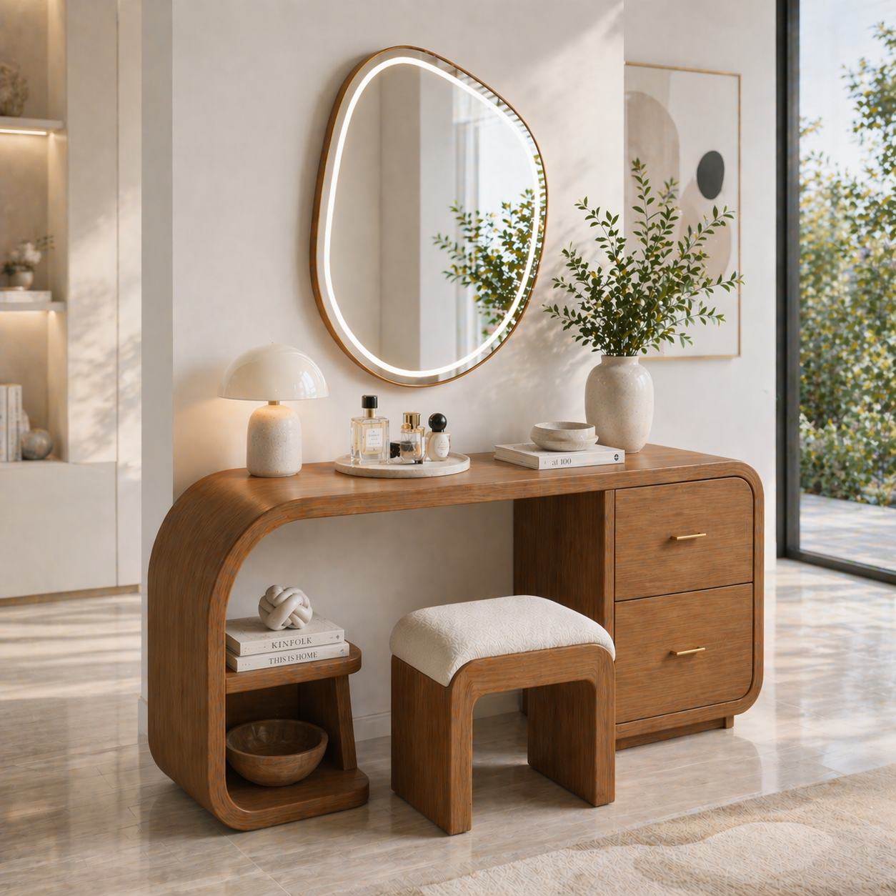 Solid Wood Makeup Vanity Desk with Curved Design and 2 Drawer Storage