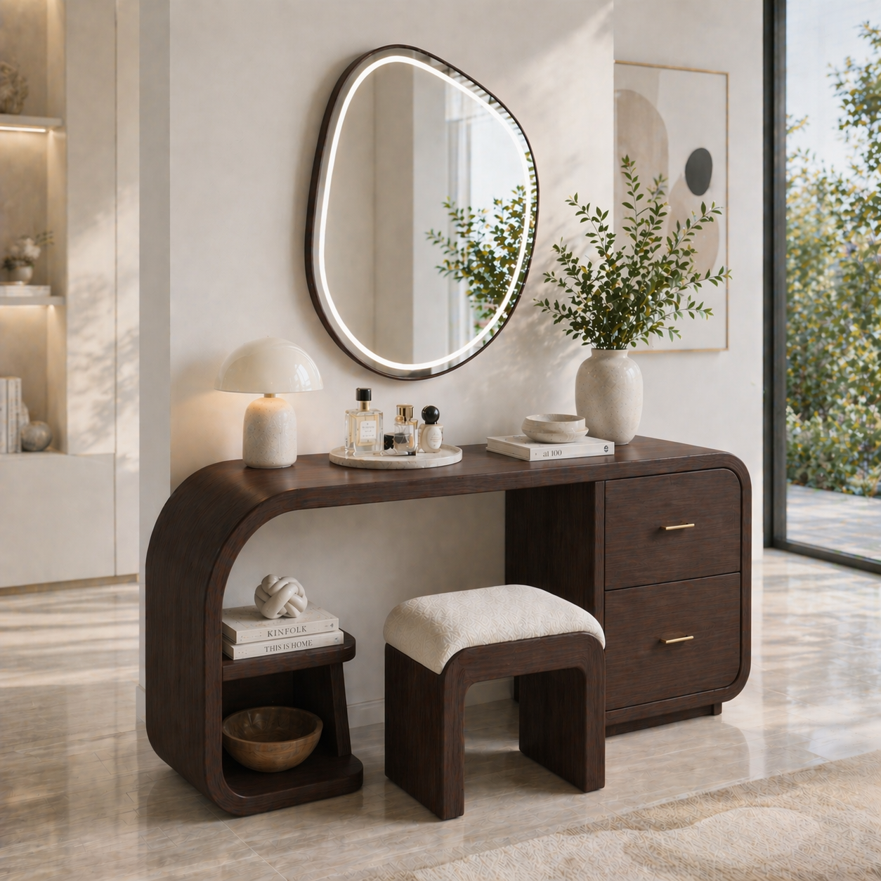 Solid Wood Makeup Vanity Desk with Curved Design and 2 Drawer Storage