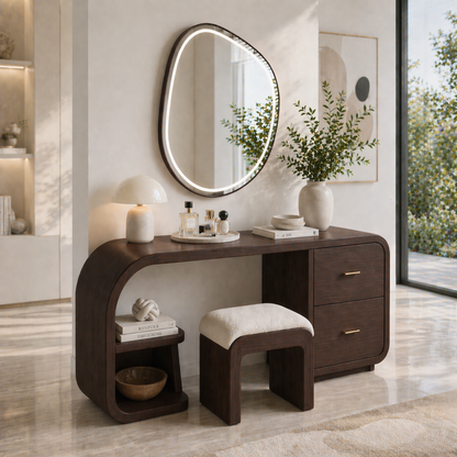 Solid Wood Makeup Vanity Desk with Curved Design and 2 Drawer Storage