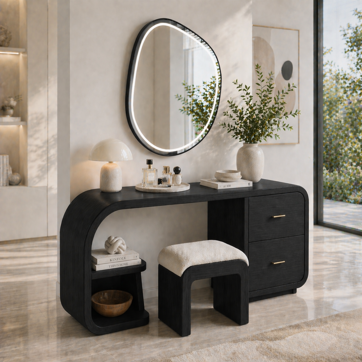 Solid Wood Makeup Vanity Desk with Curved Design and 2 Drawer Storage