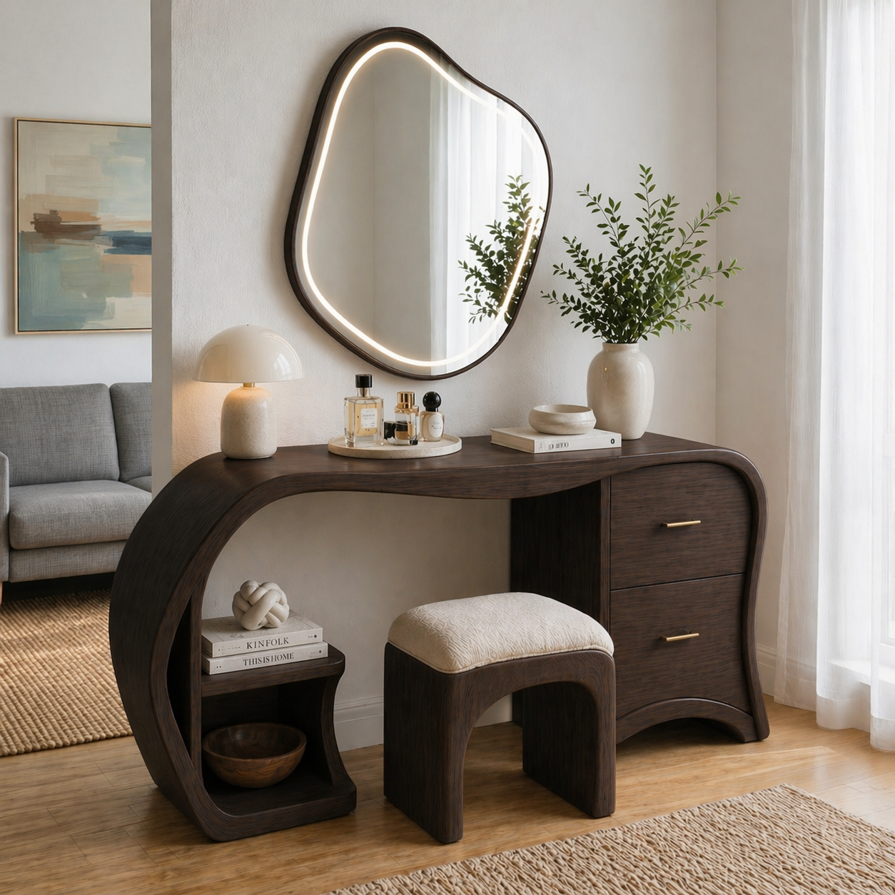 Solid Wood Makeup Vanity Desk with Curved Design and 2 Drawers