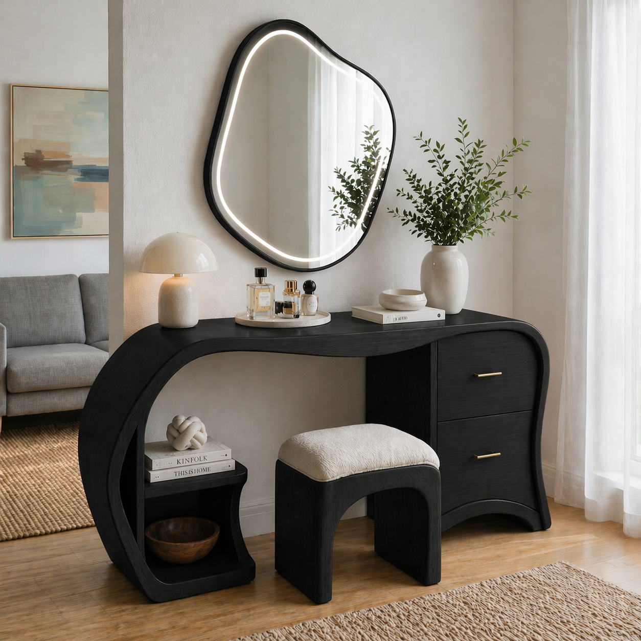 Solid Wood Makeup Vanity Desk with Curved Design and 2 Drawers
