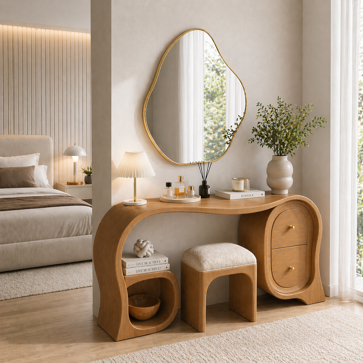 Solid Wood Makeup Vanity Desk with Sculptural Arch Design and Drawer Storage