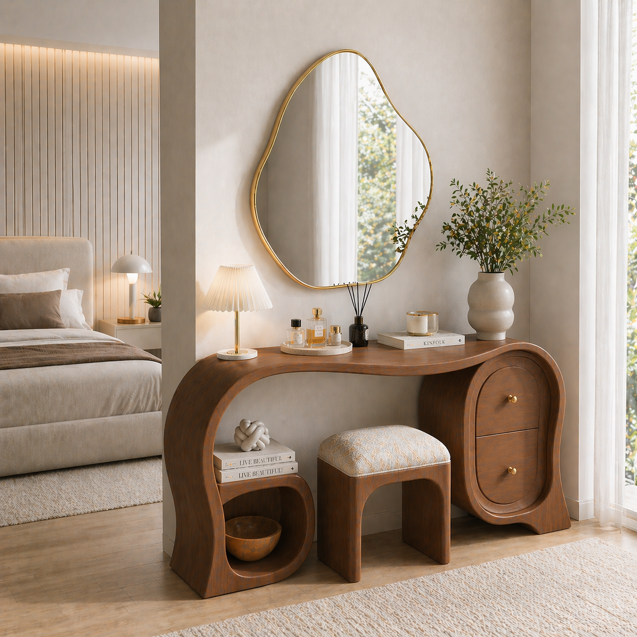 Solid Wood Makeup Vanity Desk with Sculptural Arch Design and Drawer Storage