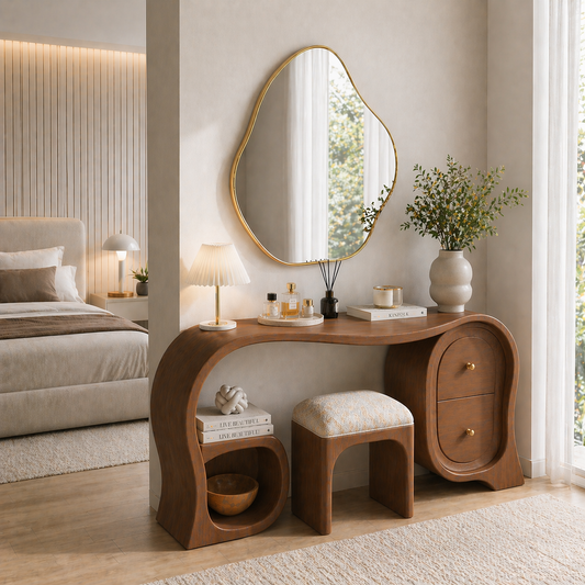 Solid Wood Makeup Vanity Desk with Sculptural Arch Design and Drawer Storage