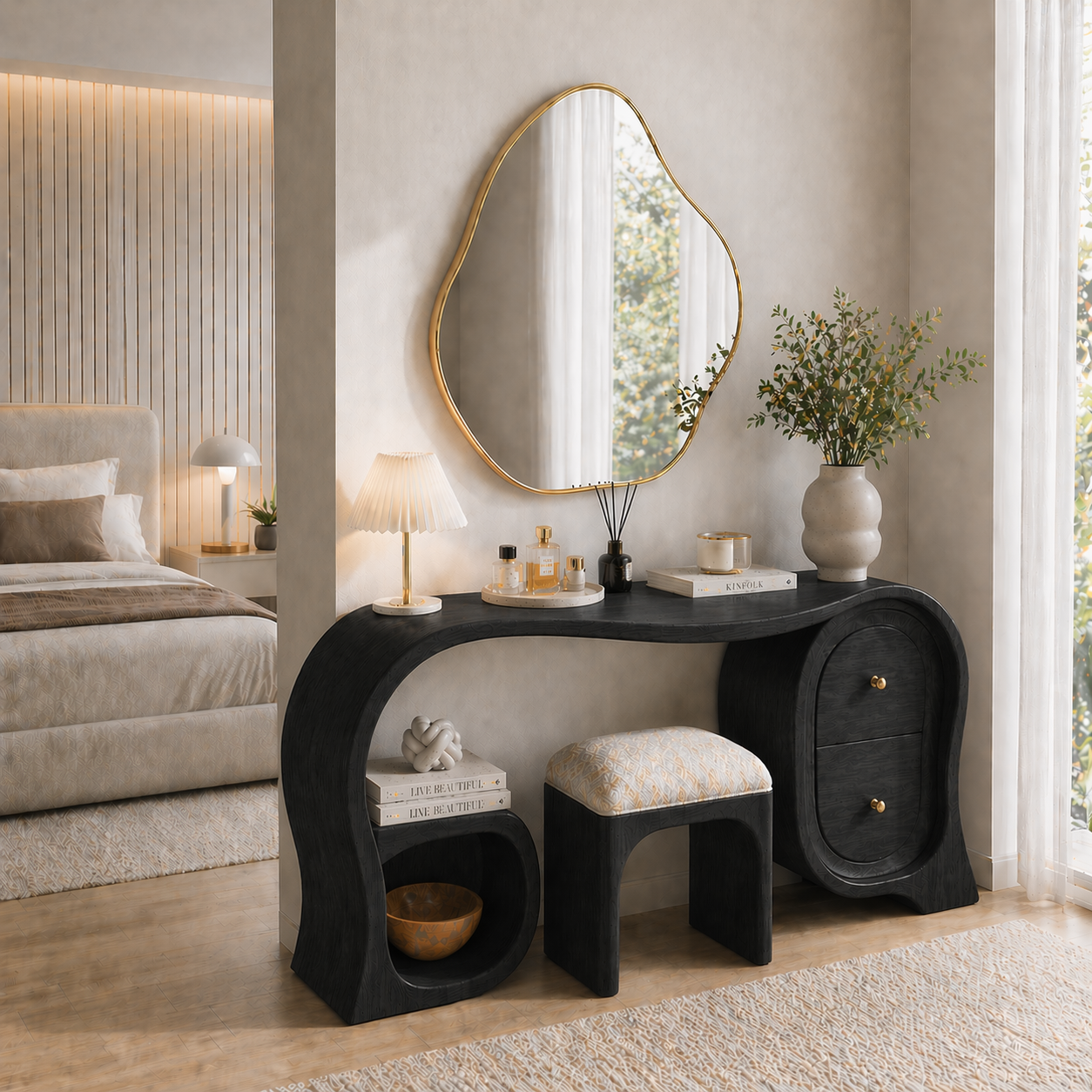 Solid Wood Makeup Vanity Desk with Sculptural Arch Design and Drawer Storage