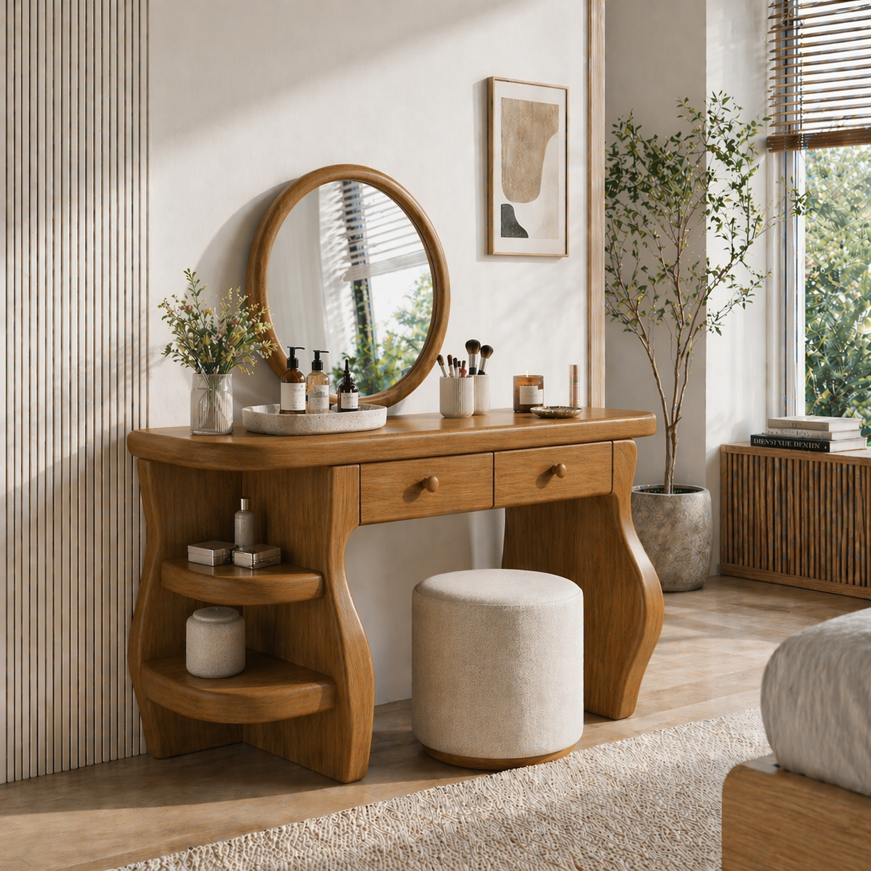 Solid Wood Makeup Vanity Desk with Sculptural Curved Base and Double Drawers