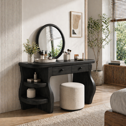 Solid Wood Makeup Vanity Desk with Sculptural Curved Base and Double Drawers