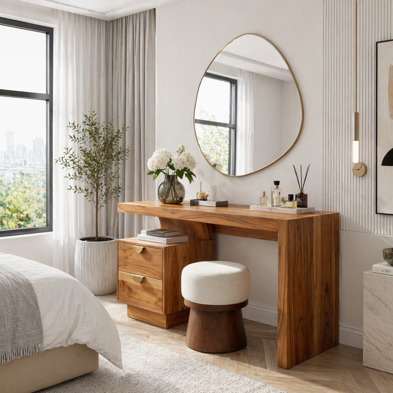 Solid Wood Makeup Vanity Desk with Thick Slab Design and Storage Drawers
