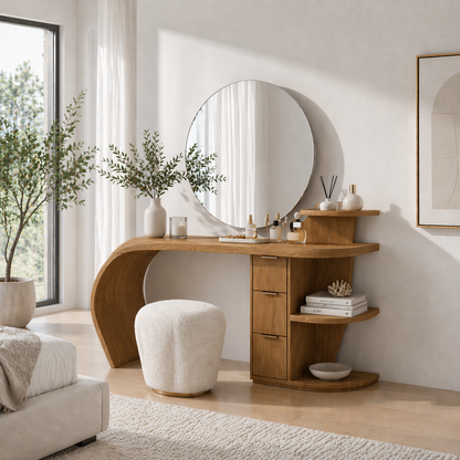 Solid Wood Makeup Vanity Desk with Sculptural Curved Design and Storage Drawers