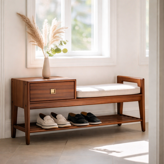 Solid Wood Entryway Bench with Drawer, Cushion Seat & Shoe Shelf – Mid-Century Shoe Storage Bench