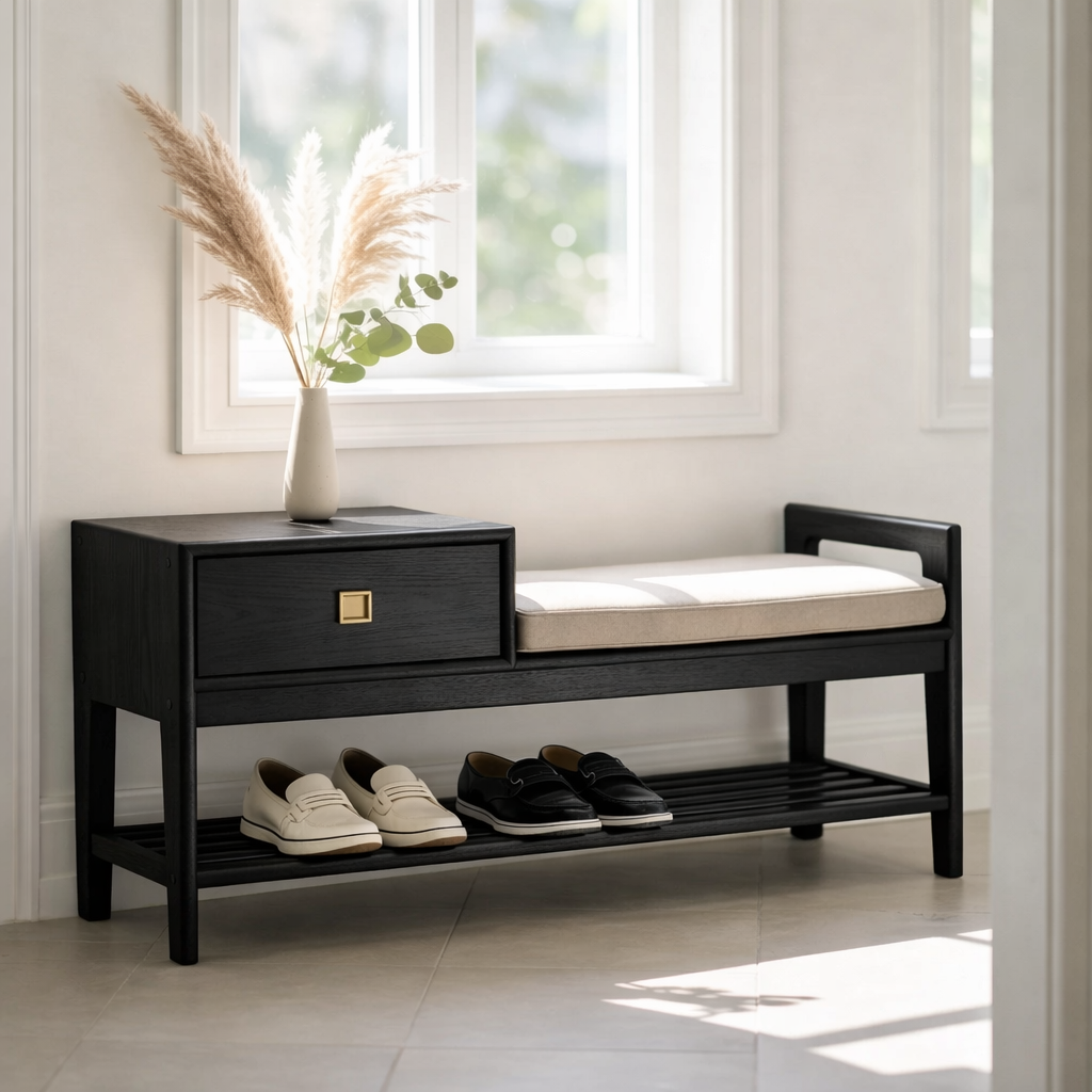 Solid Wood Entryway Bench with Drawer, Cushion Seat & Shoe Shelf – Mid-Century Shoe Storage Bench