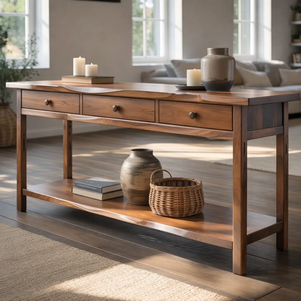 Solid Wood Console Table with 3 Drawers & Lower Shelf
