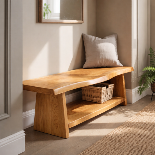 Solid Wood Live Edge Entryway Bench with Lower Shelf – Natural Wood Storage Bench