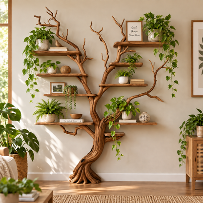 Handcrafted Solid Wood Tree Bookshelf Natural Branch Wall Display Shelf