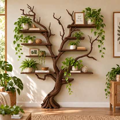 Handcrafted Solid Wood Tree Bookshelf Natural Branch Wall Display Shelf