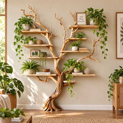 Handcrafted Solid Wood Tree Bookshelf Natural Branch Wall Display Shelf