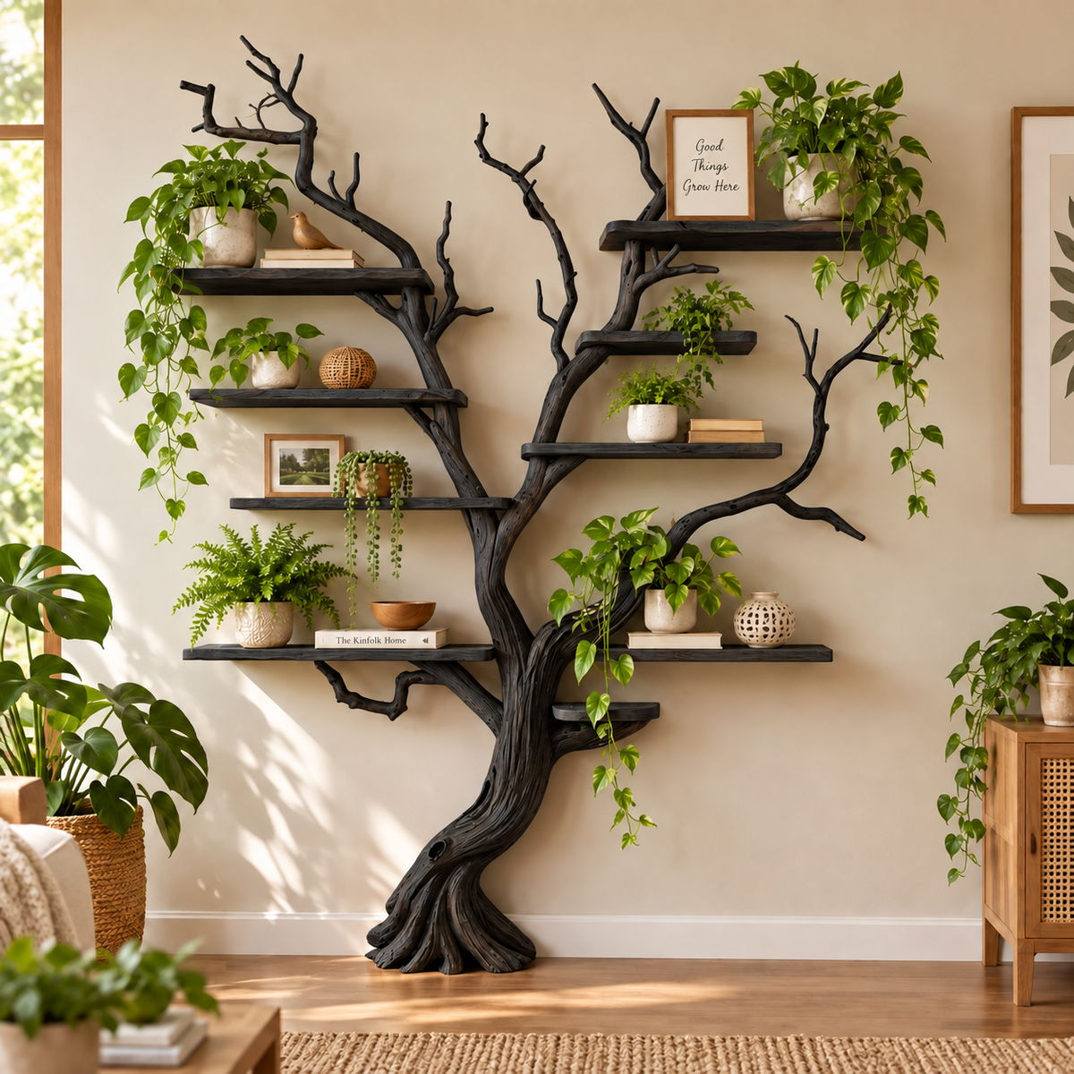 Handcrafted Solid Wood Tree Bookshelf Natural Branch Wall Display Shelf