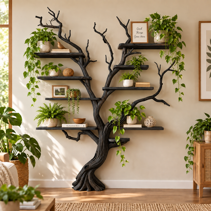 Handcrafted Solid Wood Tree Bookshelf Natural Branch Wall Display Shelf