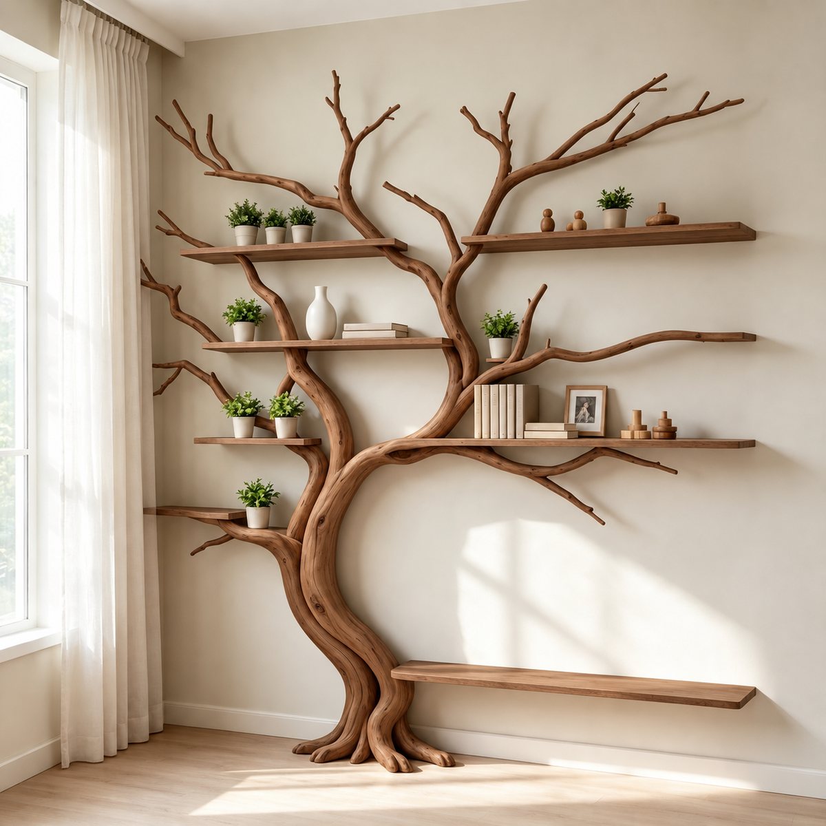 Handcrafted Sculptural Tree Bookshelf Solid Wood Branch Shelving Unit