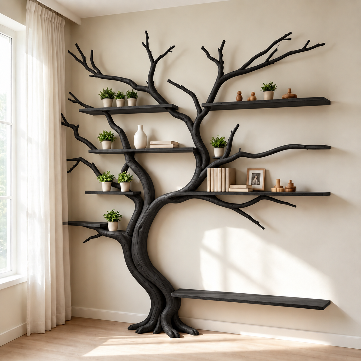 Handcrafted Sculptural Tree Bookshelf Solid Wood Branch Shelving Unit