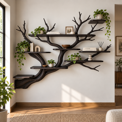 Handcrafted Organic Branch Wall Shelf Solid Wood Tree Bookshelf
