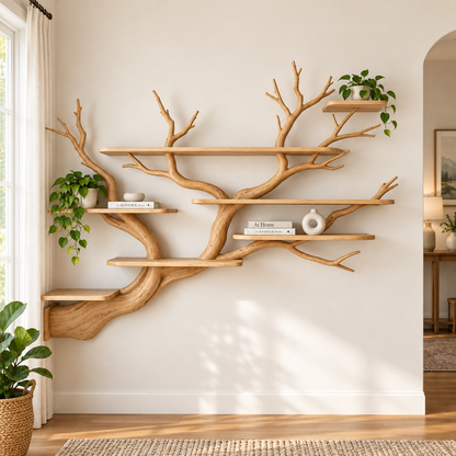 Handcrafted Organic Branch Wall Shelf Solid Wood Tree Bookshelf