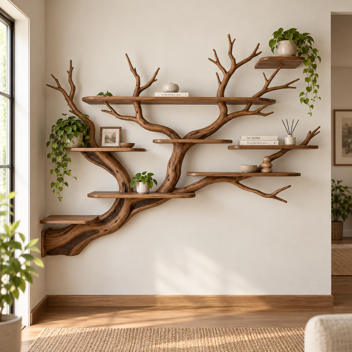 Handcrafted Organic Branch Wall Shelf Solid Wood Tree Bookshelf