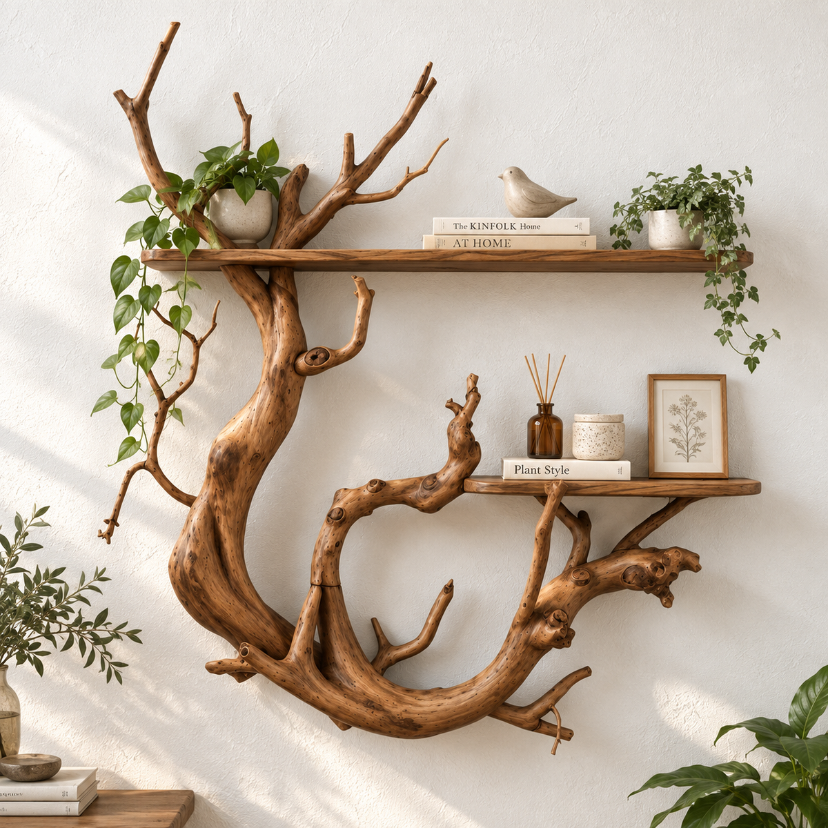 Handcrafted Organic Branch Solid Wood Wall Shelf