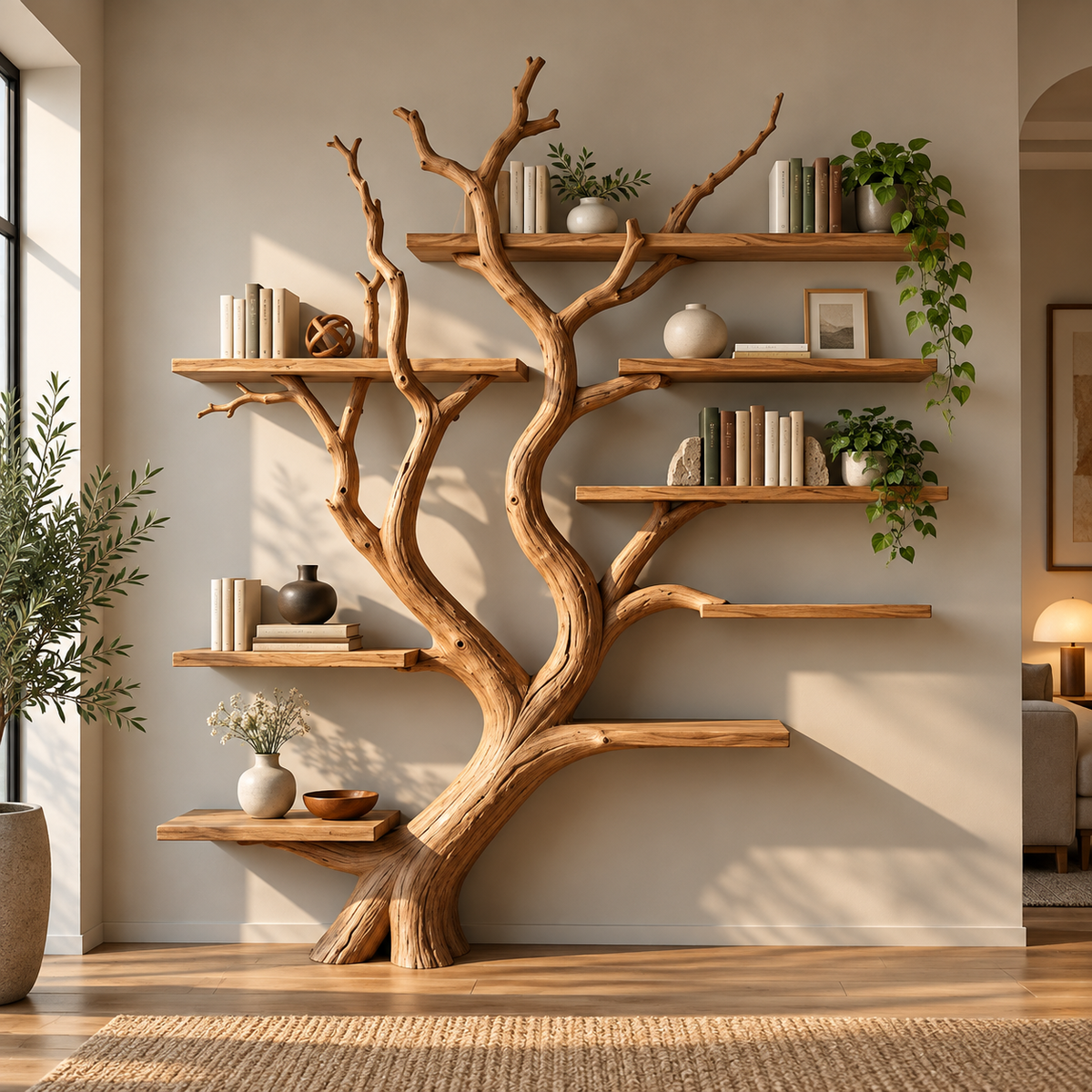 Handcrafted Sculptural Solid Wood Tree Bookshelf