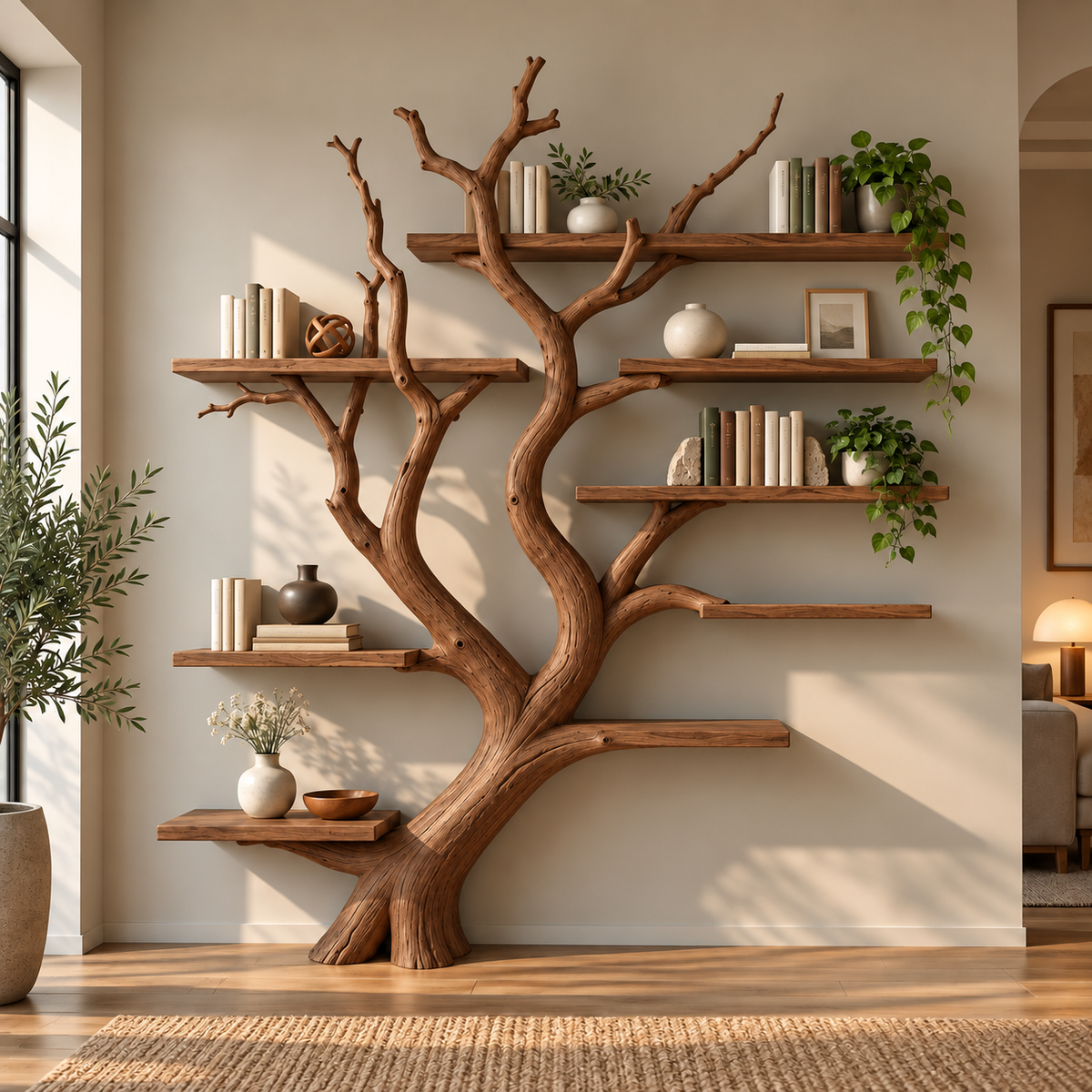 Handcrafted Sculptural Solid Wood Tree Bookshelf