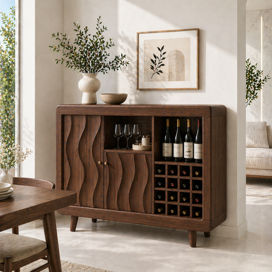 Solid Wood Wine Cabinet with Wave Carved Doors and Built-in Bottle Storage