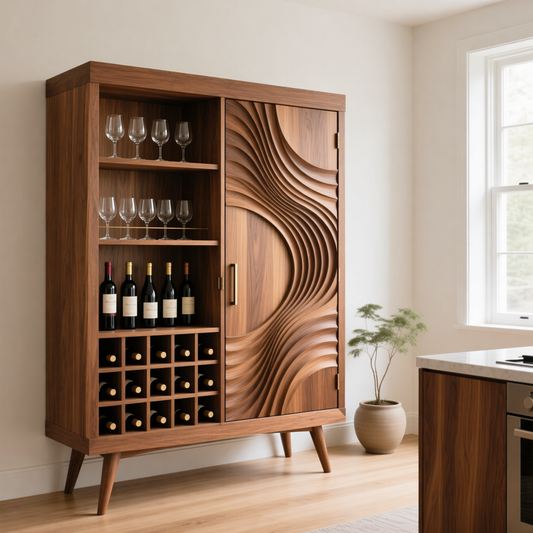 Solid Wood Wine Cabinet with Sculpted Wave Doors and Bottle Storage